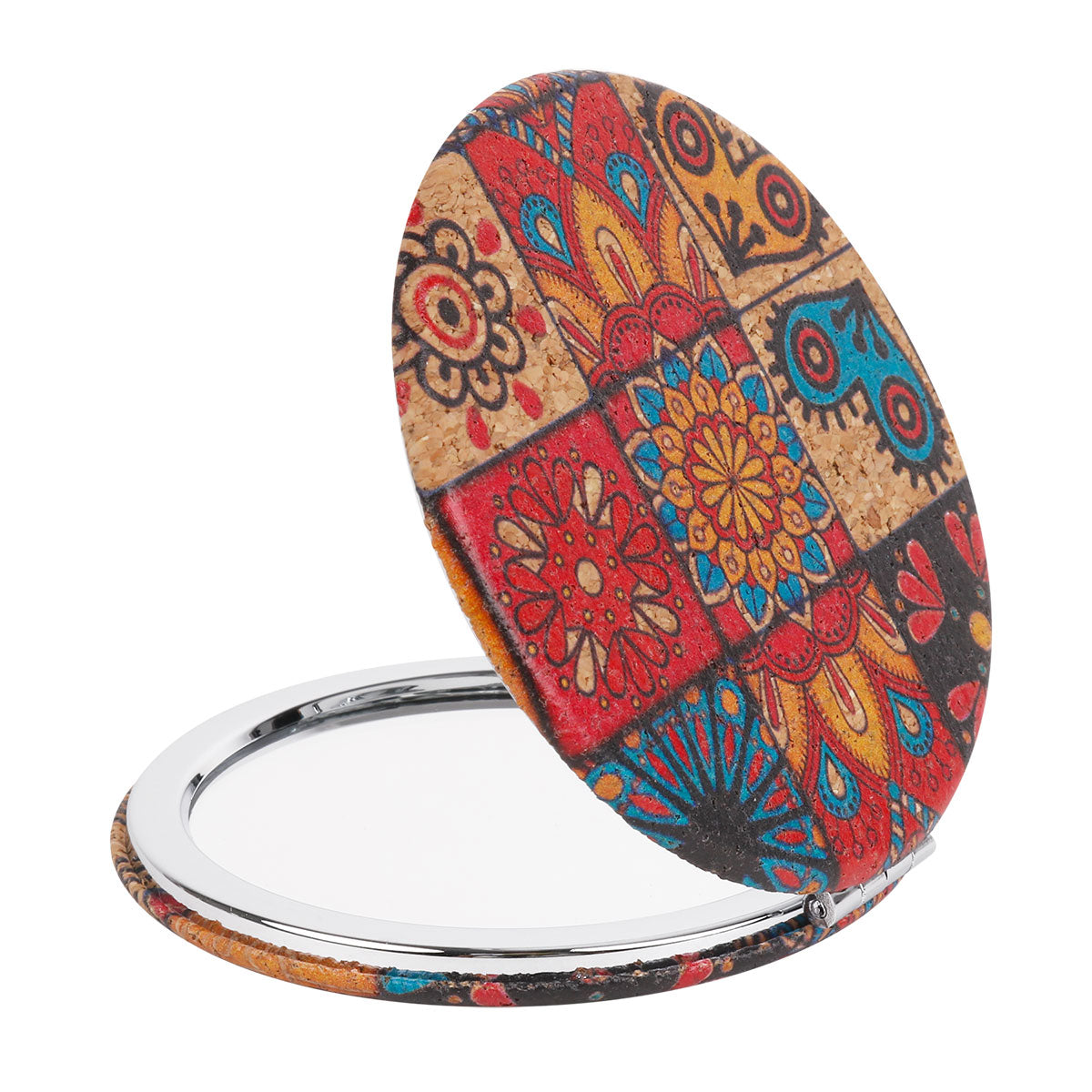 Compact makeup mirror with paisley design Travel makeup mirror with 1x and 2x magnification Pocket mirror with mosaic pattern Compact cosmetic mirror for purse Assorted paisley compact mirror Beauty mirror for travel bag