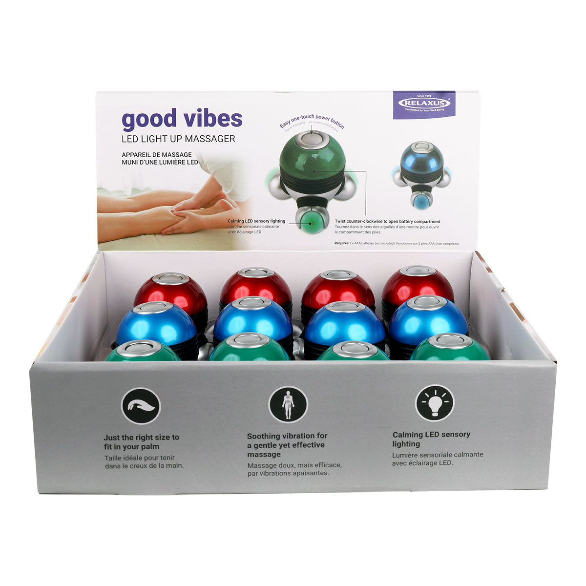 Wholesale Good Vibes Led Light Up Handheld Massager Displayer of 12
