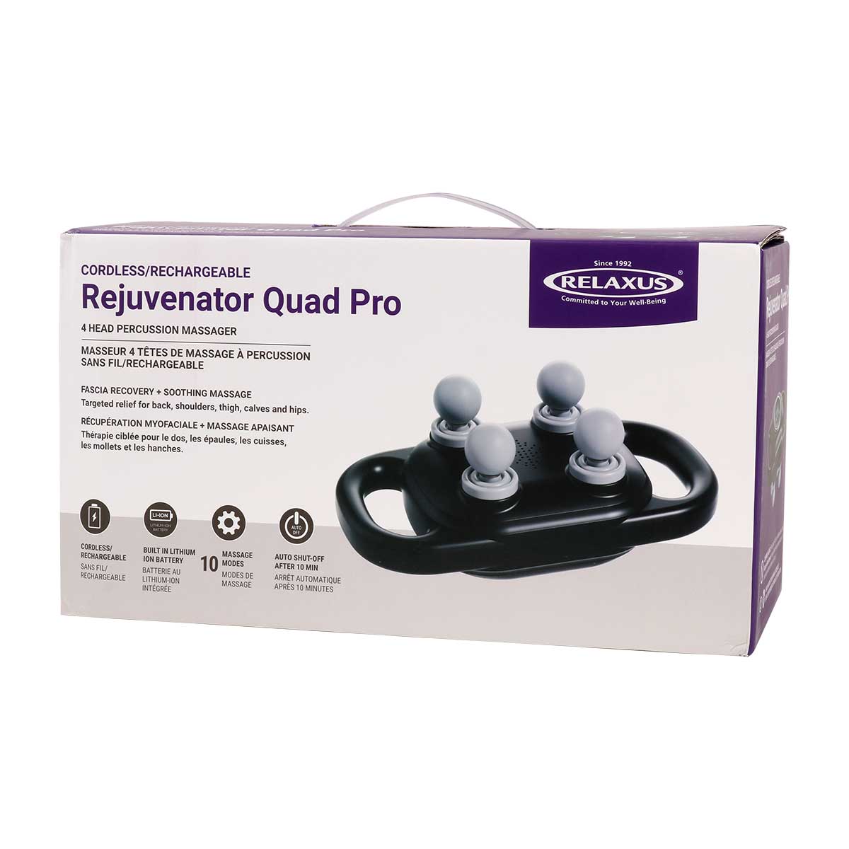 Rejuvenator 4-head percussion massager; cordless percussion massager; Rejuvenator massager with four heads; rechargeable percussion massager; portable cordless massager; massager with LED display; percussion massager intensity controls; compact rechargeable massager