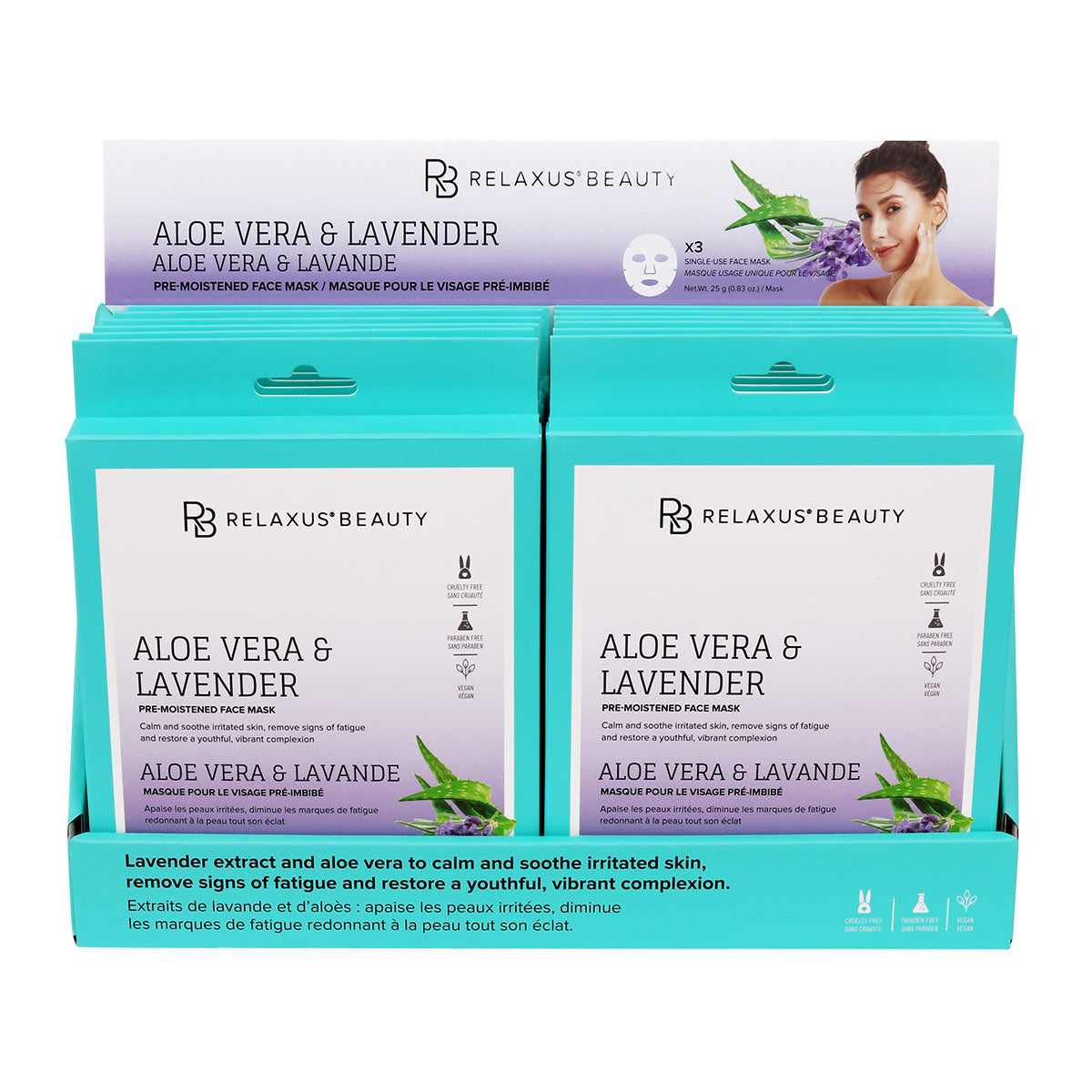 Wholesale Aloe & Lavender Face Masks - Displayer of 12