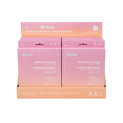 Relaxus Beauty BioVeda Intensive Hydration face mask pack; single use hydrating face mask with Hyaluronic Acid; hydrating sheet mask with Niacinamide and Ceramides; vegan face mask 3 pack; pre-moistened hydration face mask; BioVeda intensive hydration skincare mask