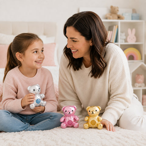 Tummy Bears sensory squeeze toy; pink Tummy Bears squeeze toy; gold Tummy Bears plush squeeze toy; silver Tummy Bears sensory toy; soft plush squeeze toy; tactile plush sensory toy